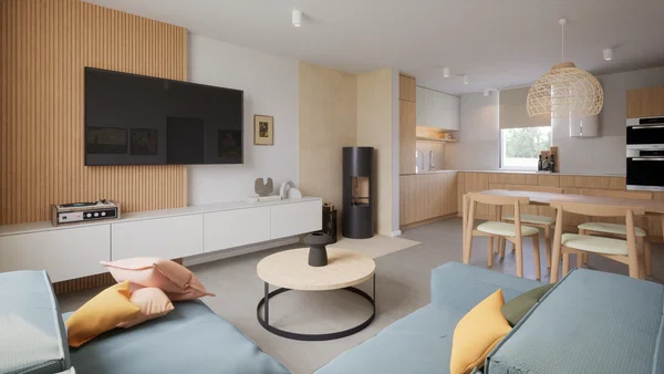 Living area with media wall and vertical timber slats