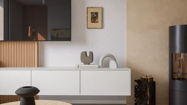 Kitchen detail with matte wall cabinets