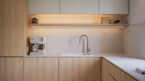 Overview of the open layout with kitchen and dining table