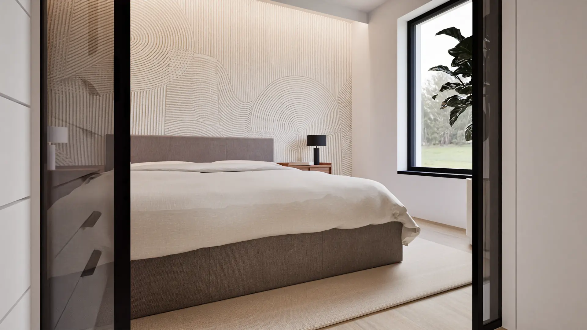 Bedroom with a textile headboard wall