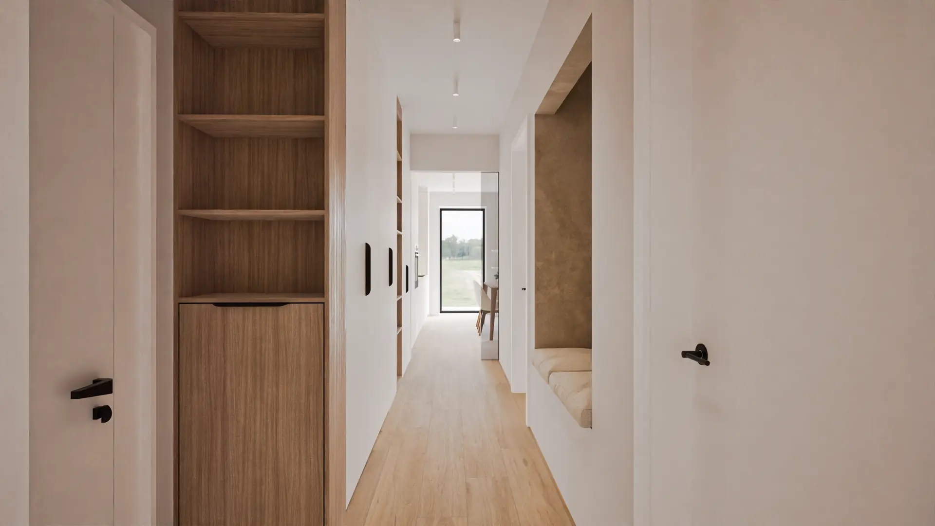 Hallway with pale timber and storage