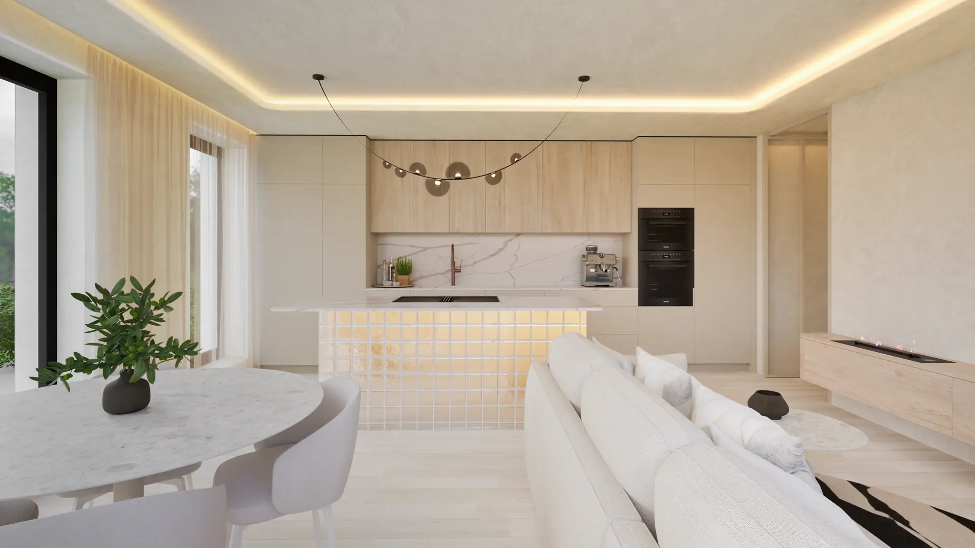 Living area in cream tones with indirect light