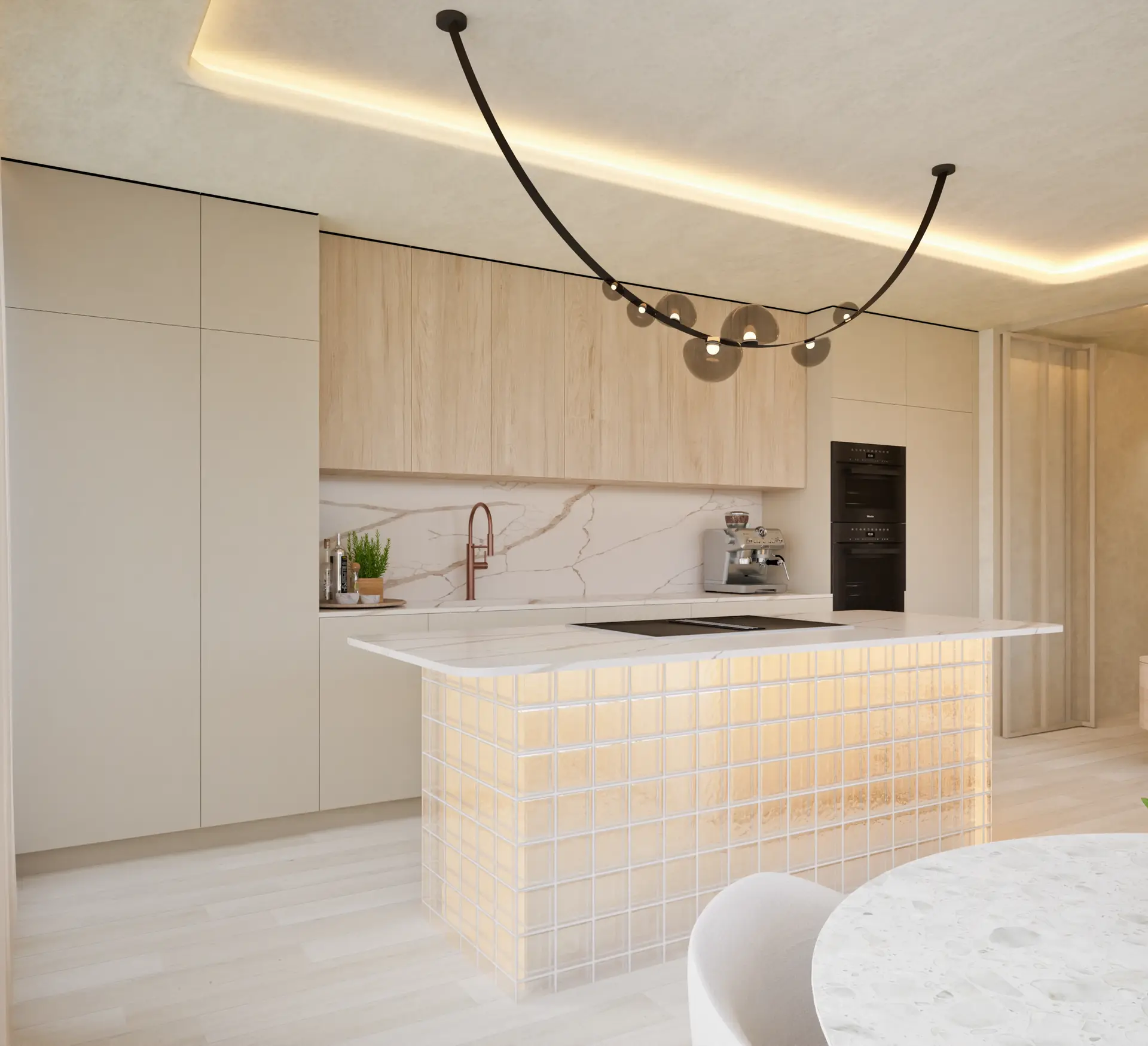 Backlit kitchen island clad in glass blocks
