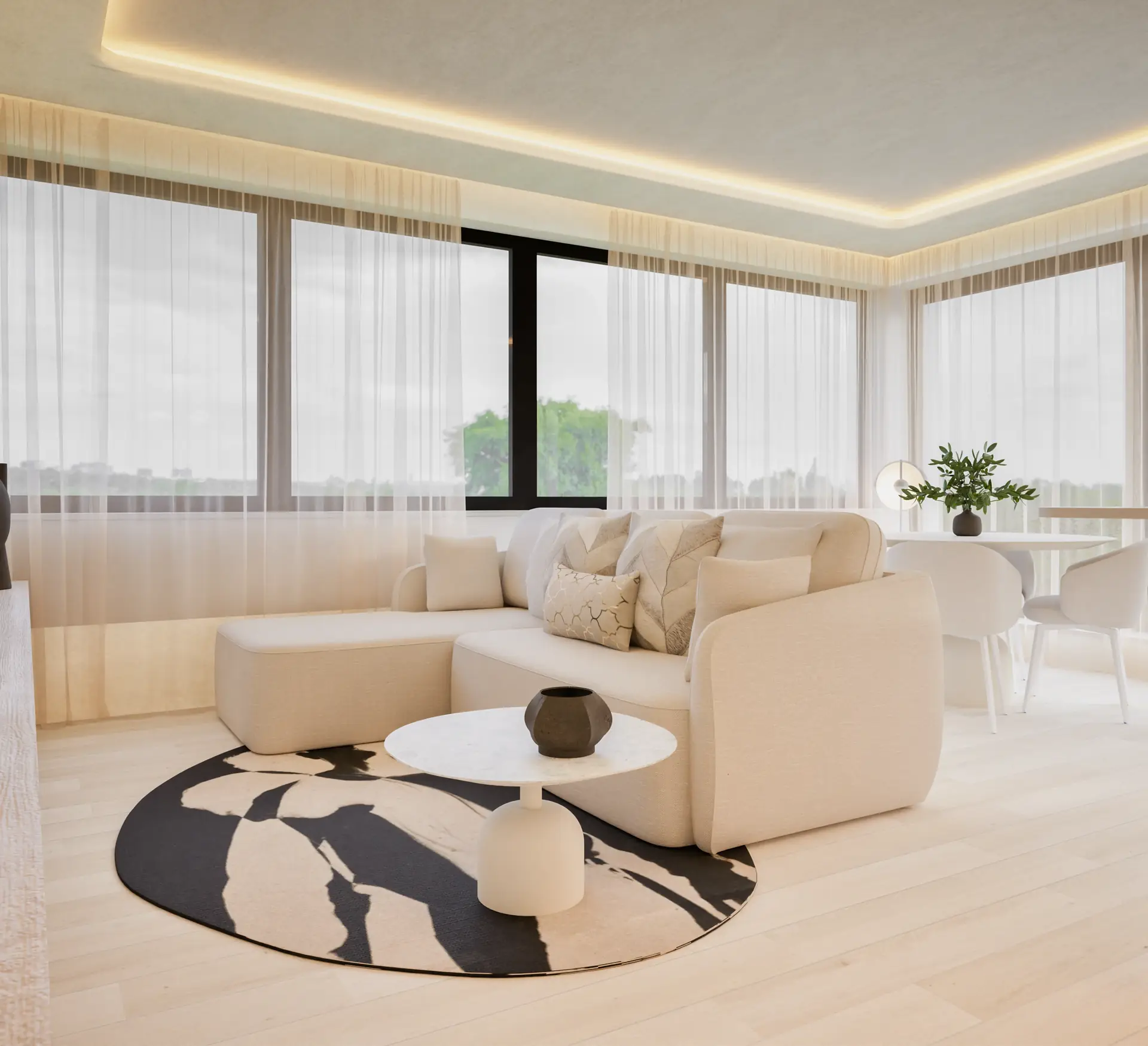 Living zone with a bouclé sofa
