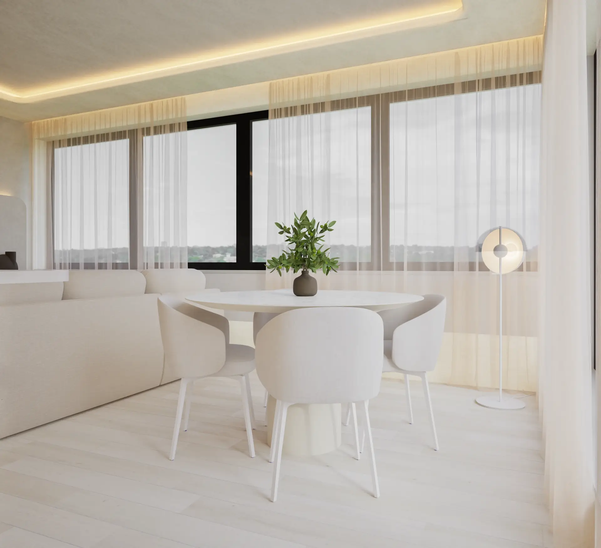 Dining table by the glazed wall