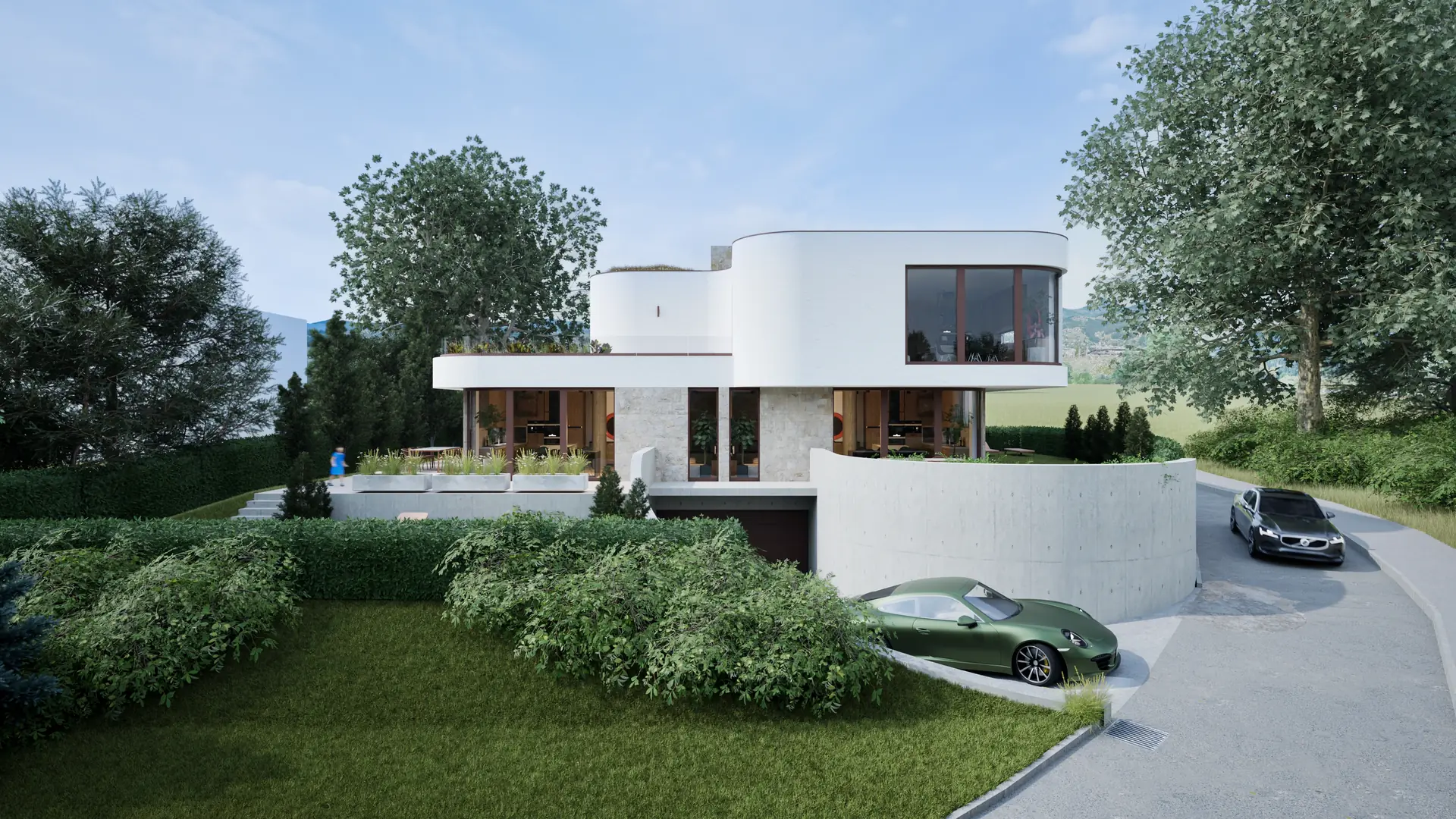 Exterior of the white apartment house on a slope