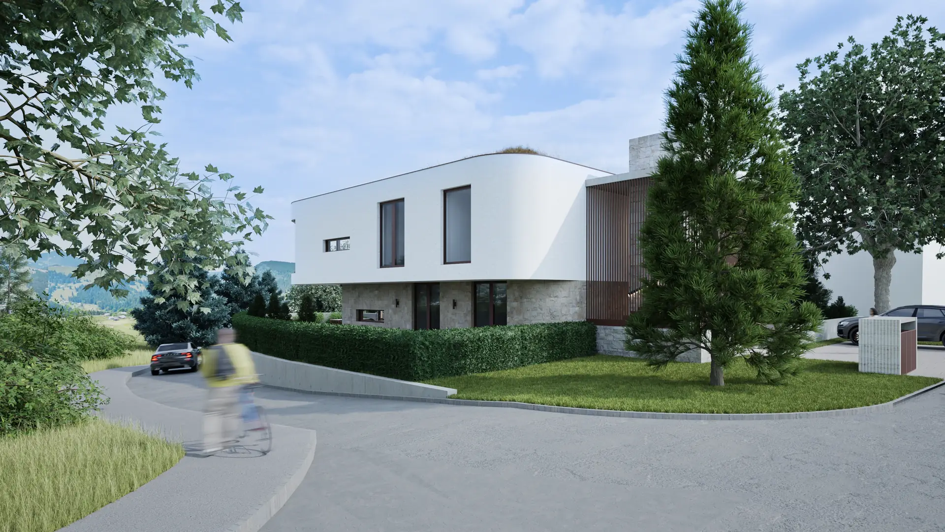 Driveway and the entrance facade