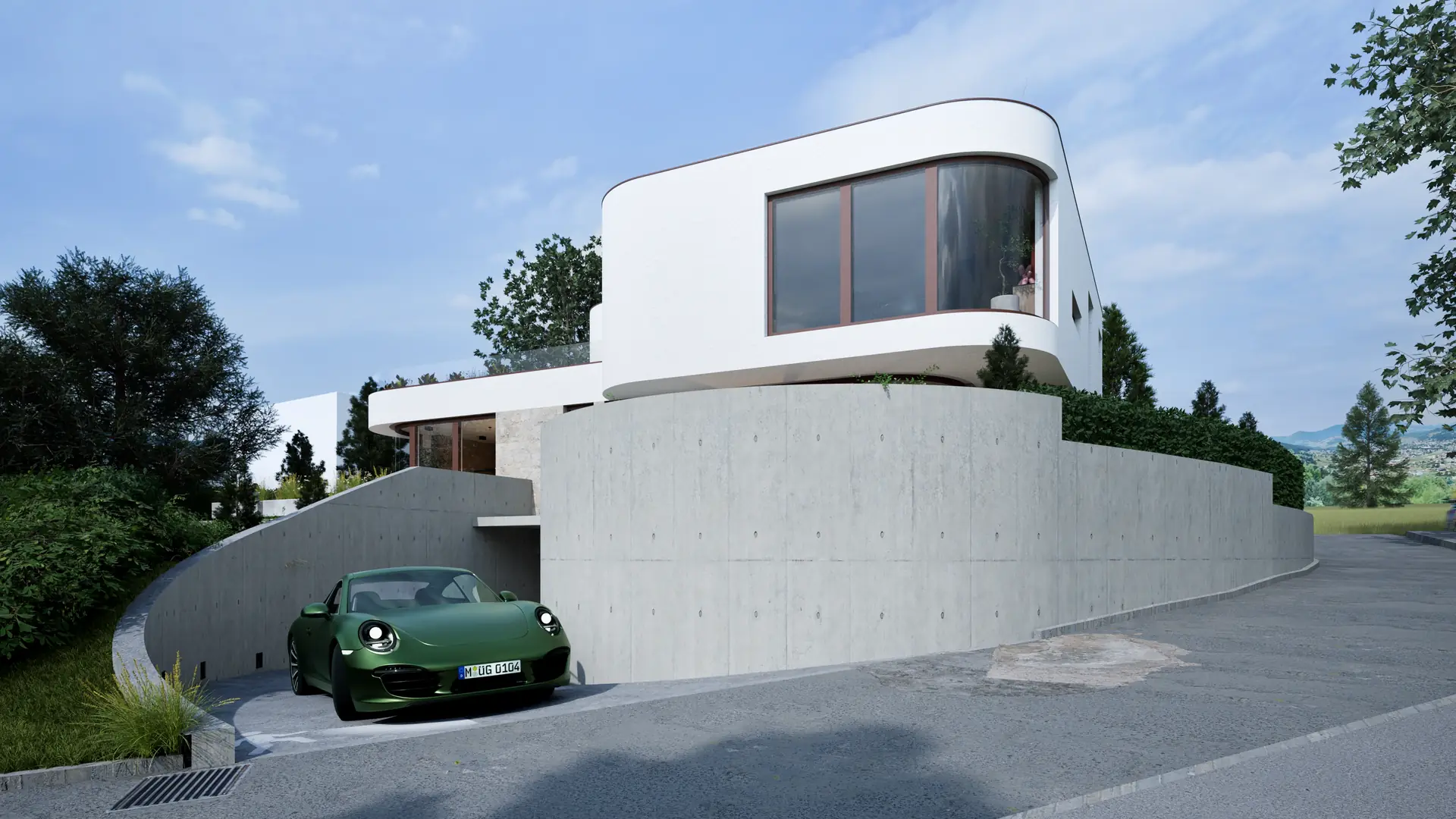 The house set into the sloping terrain