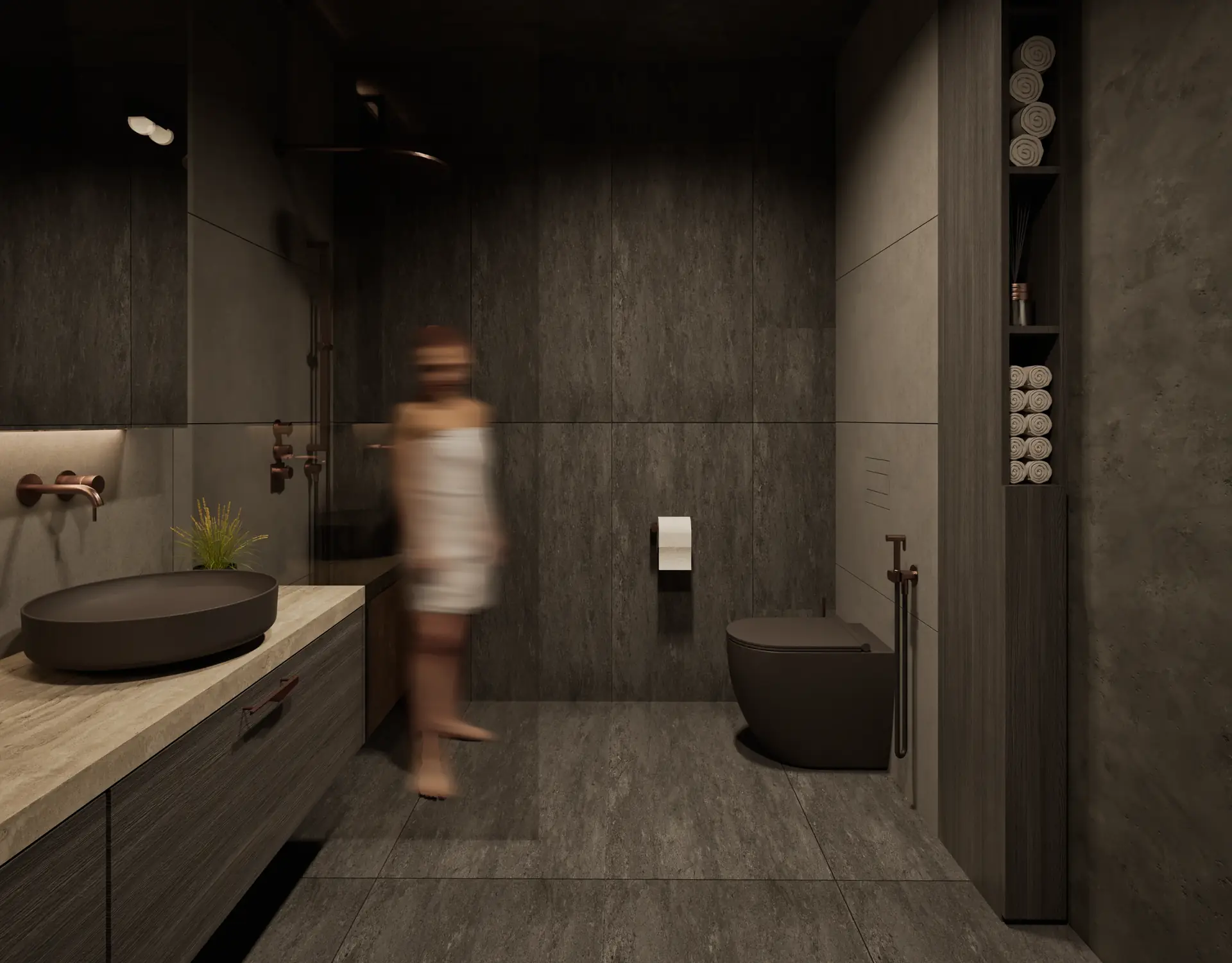 Dark stone bathroom with a timber counter