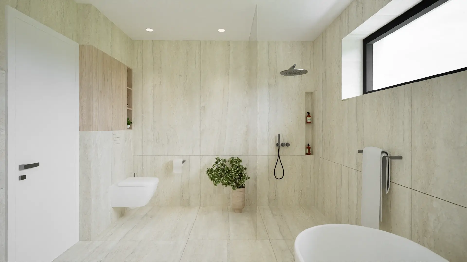 Bathroom with travertine tiling and a shower