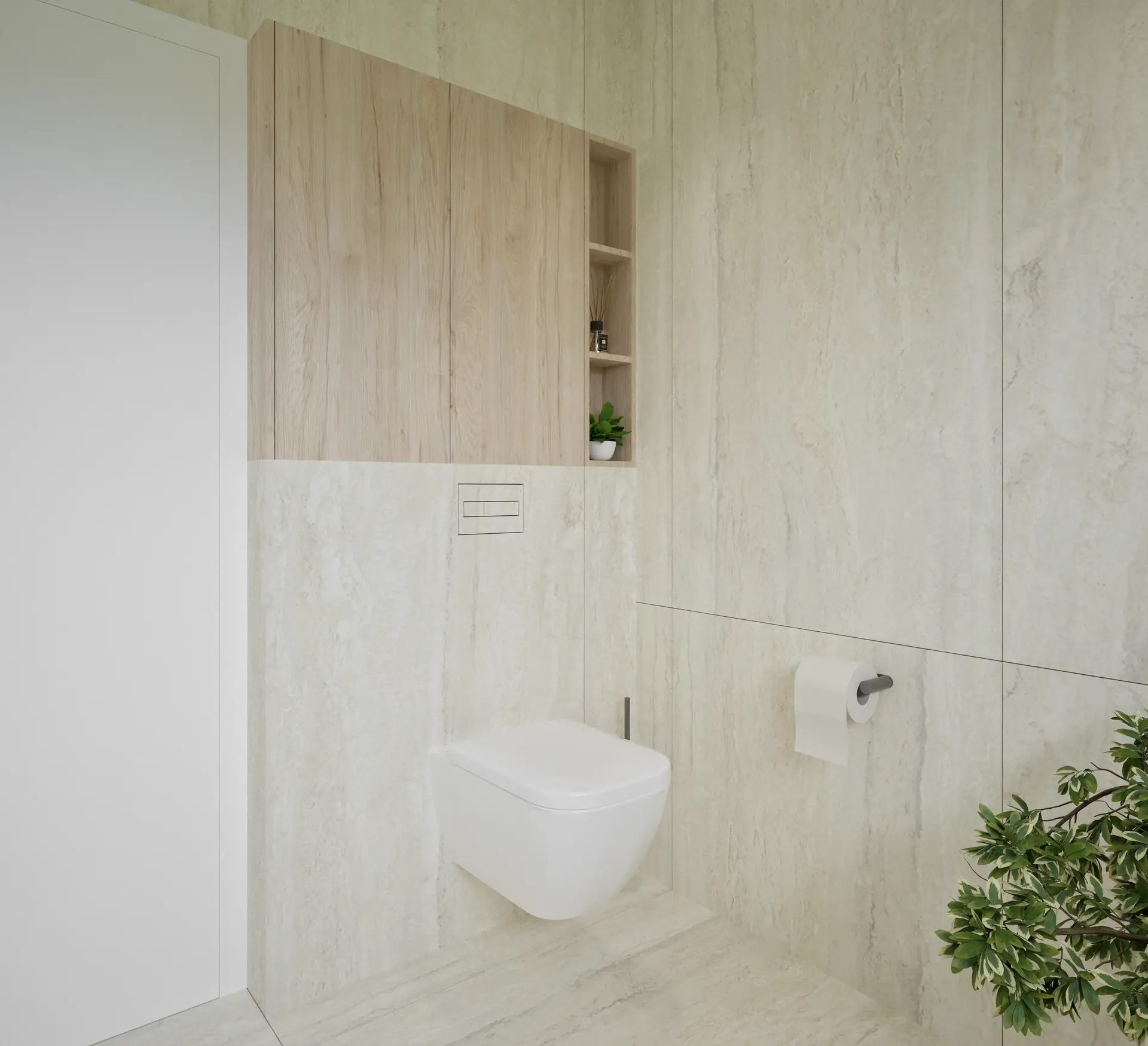 Wall-hung WC and a stone wall