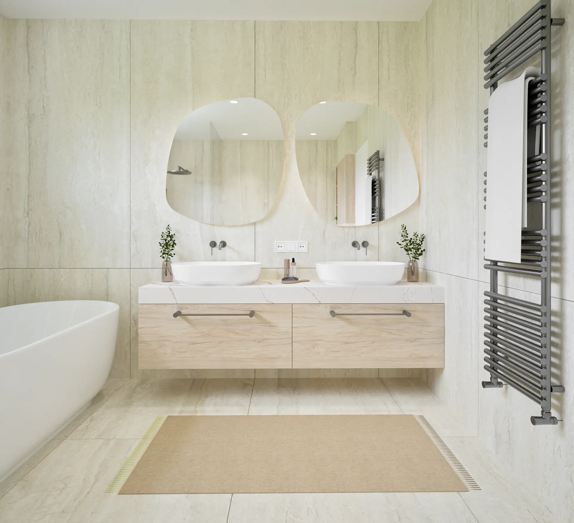 Round mirrors above a timber counter