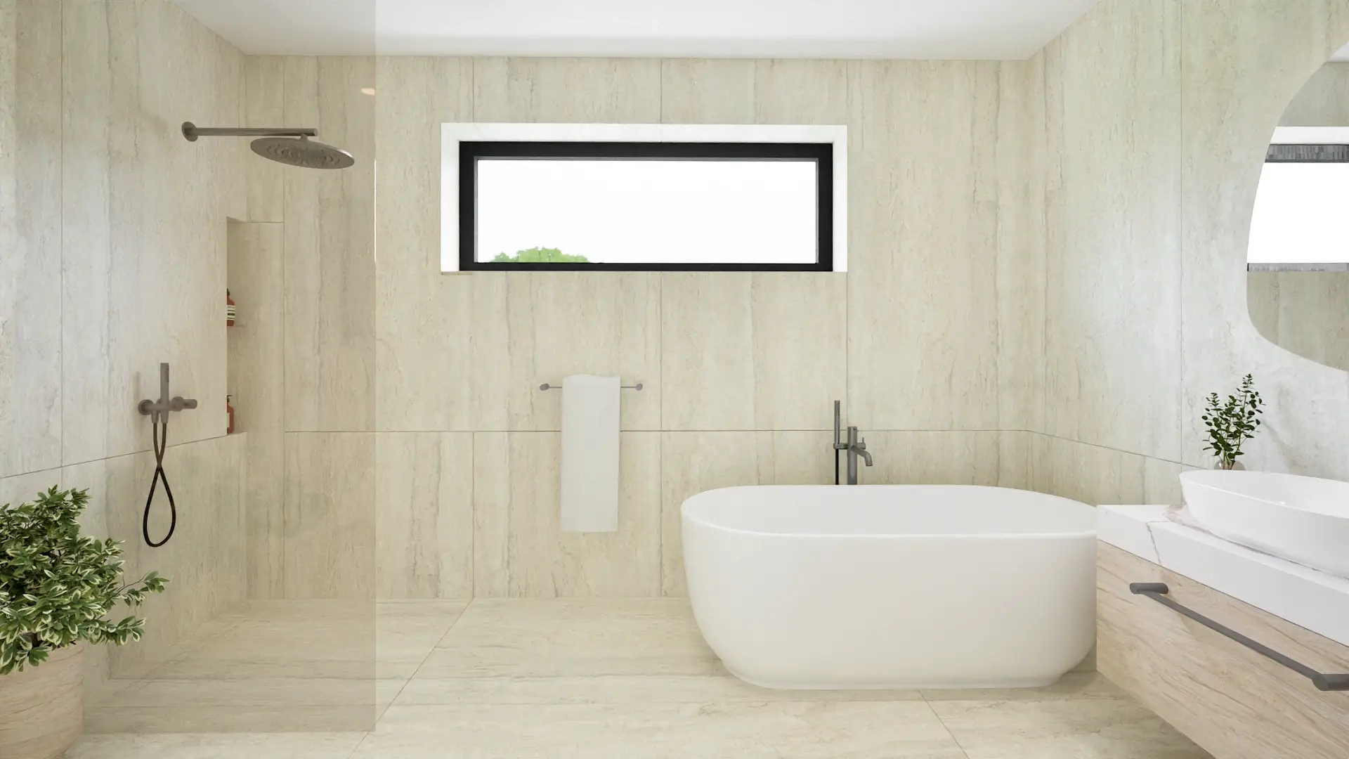 Shower and bath in stone