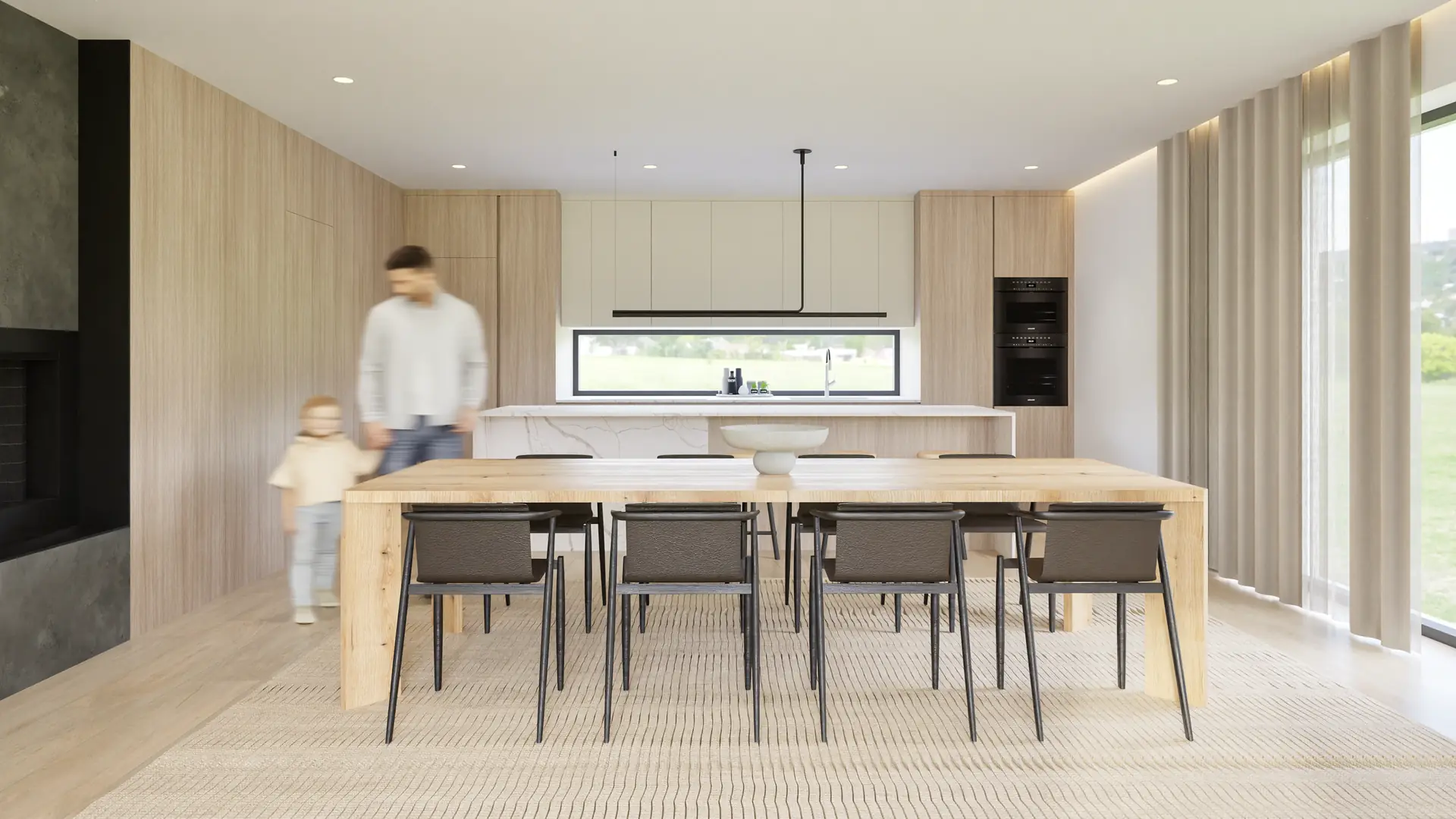 Kitchen with pale timber and a large table