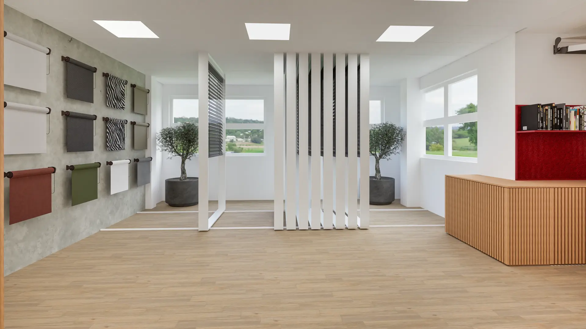 Reception with a timber desk and the company logo