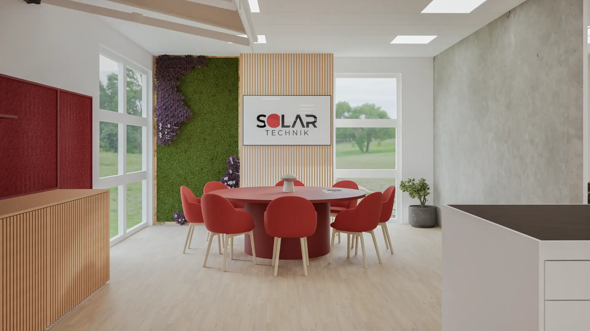 Meeting room with red chairs