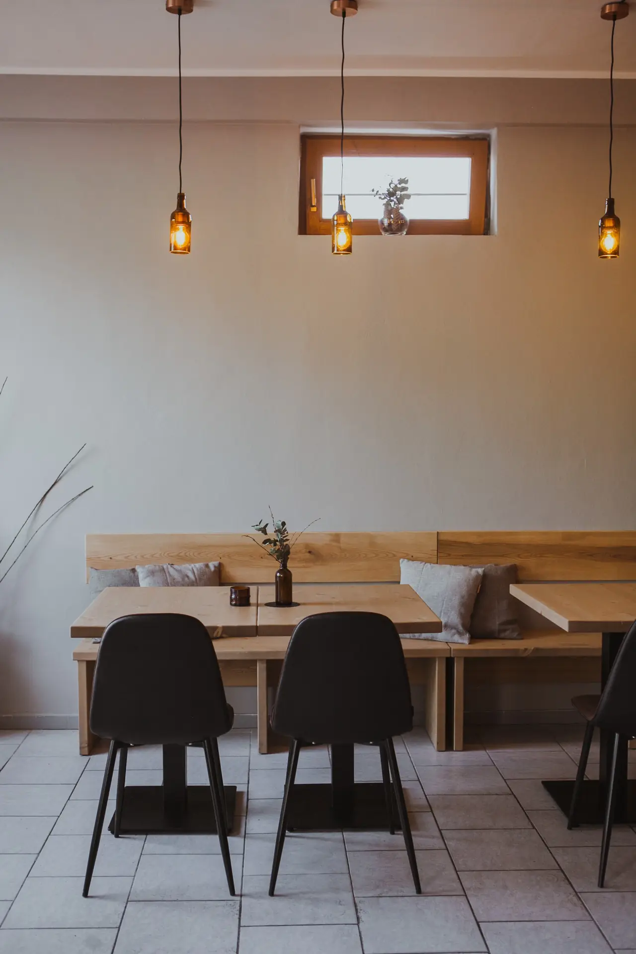 Timber bar counter with industrial stools