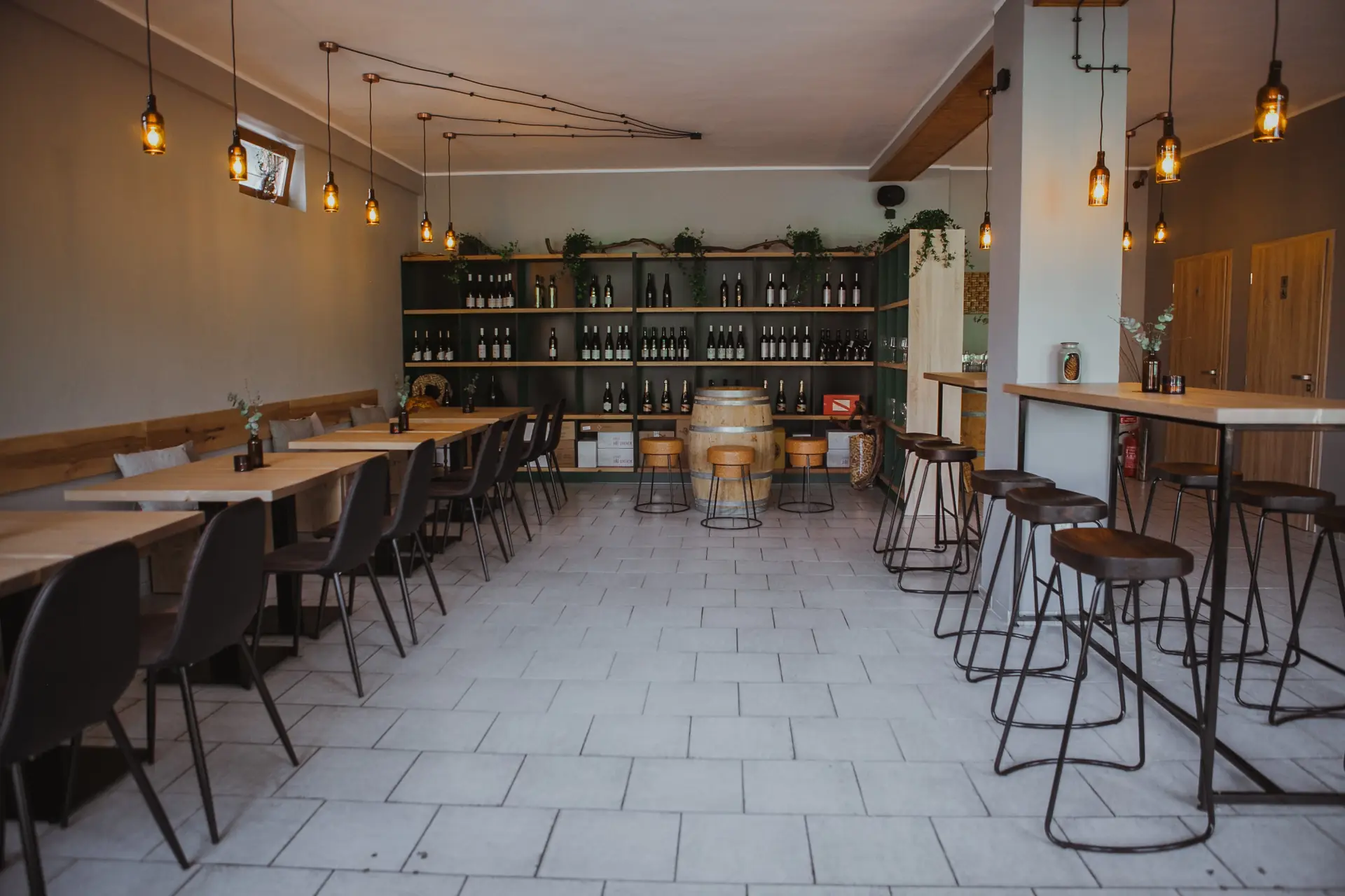 View of the café with filament-bulb lights