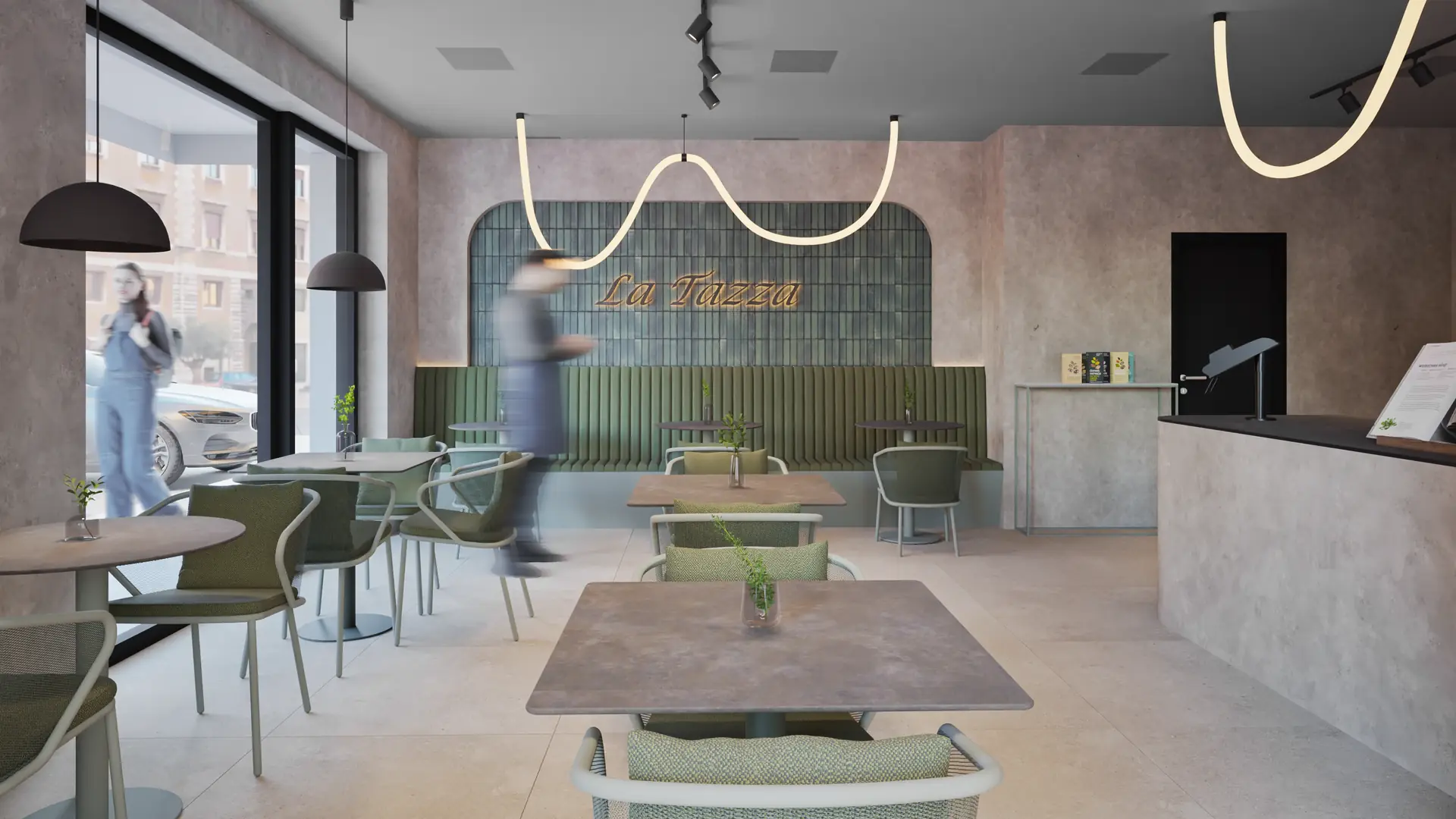 Café with a concrete counter and green seating