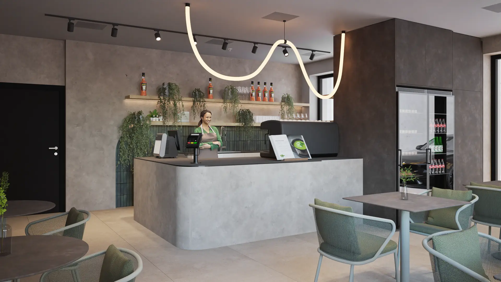 Green upholstered banquette along the wall