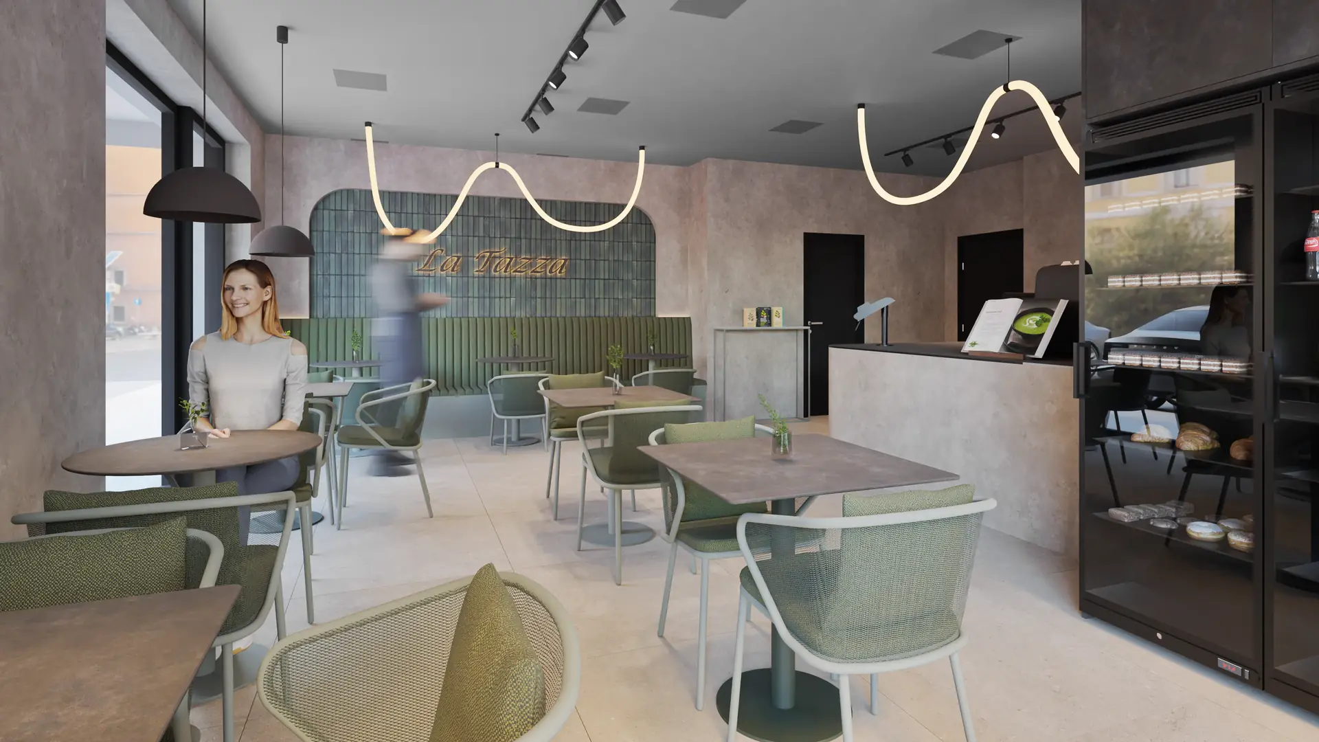 Interior with a wavy neon light