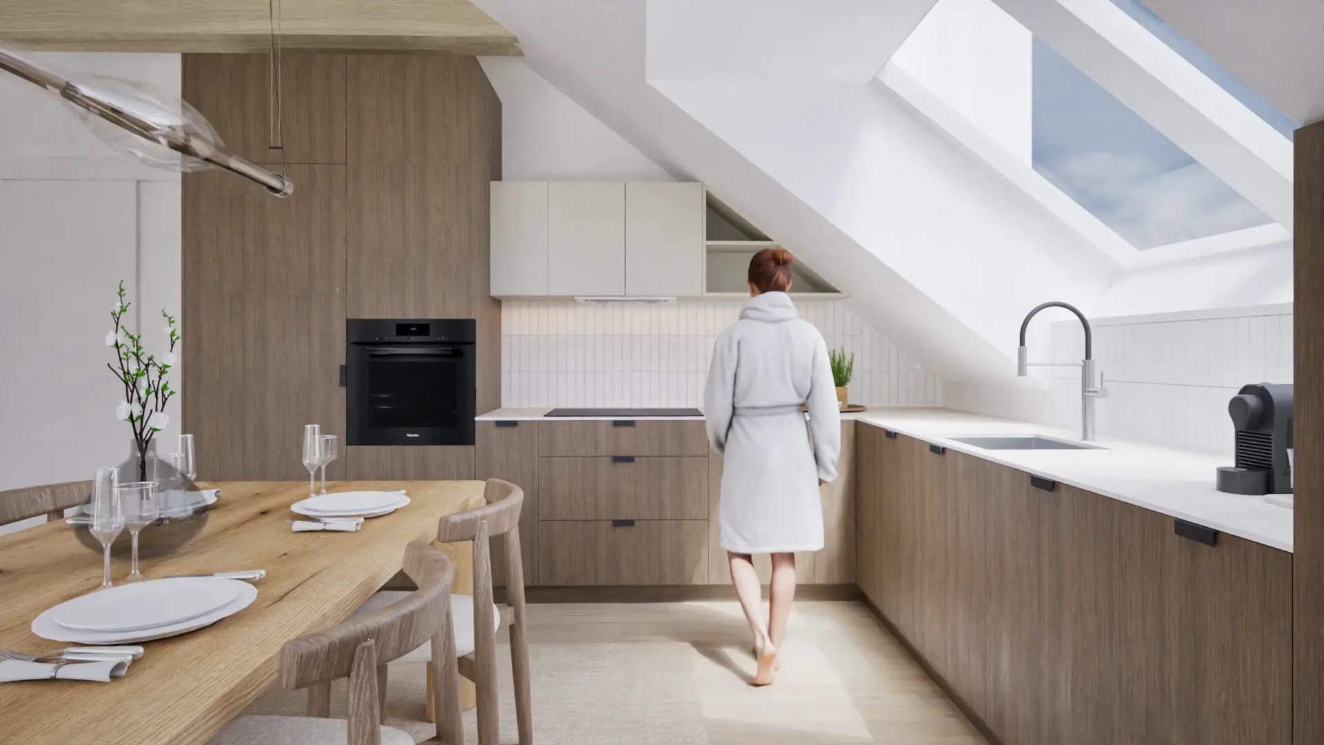 Kitchen units with a roof window