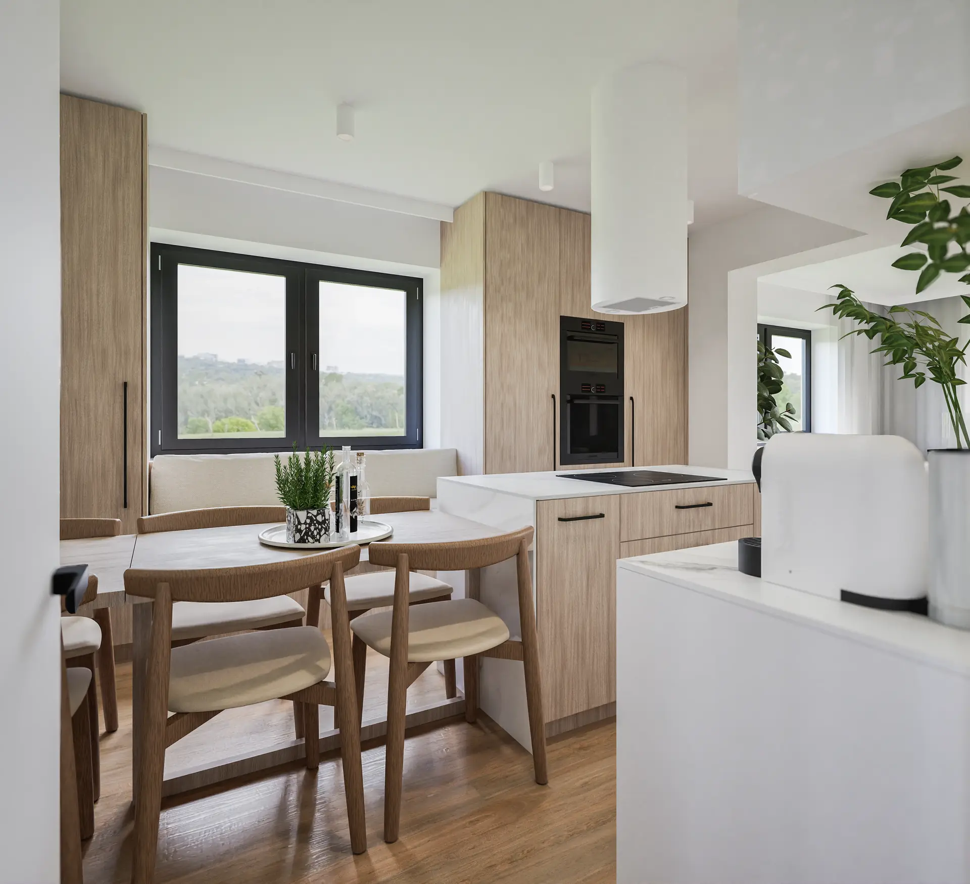 Open layout of the kitchen and dining