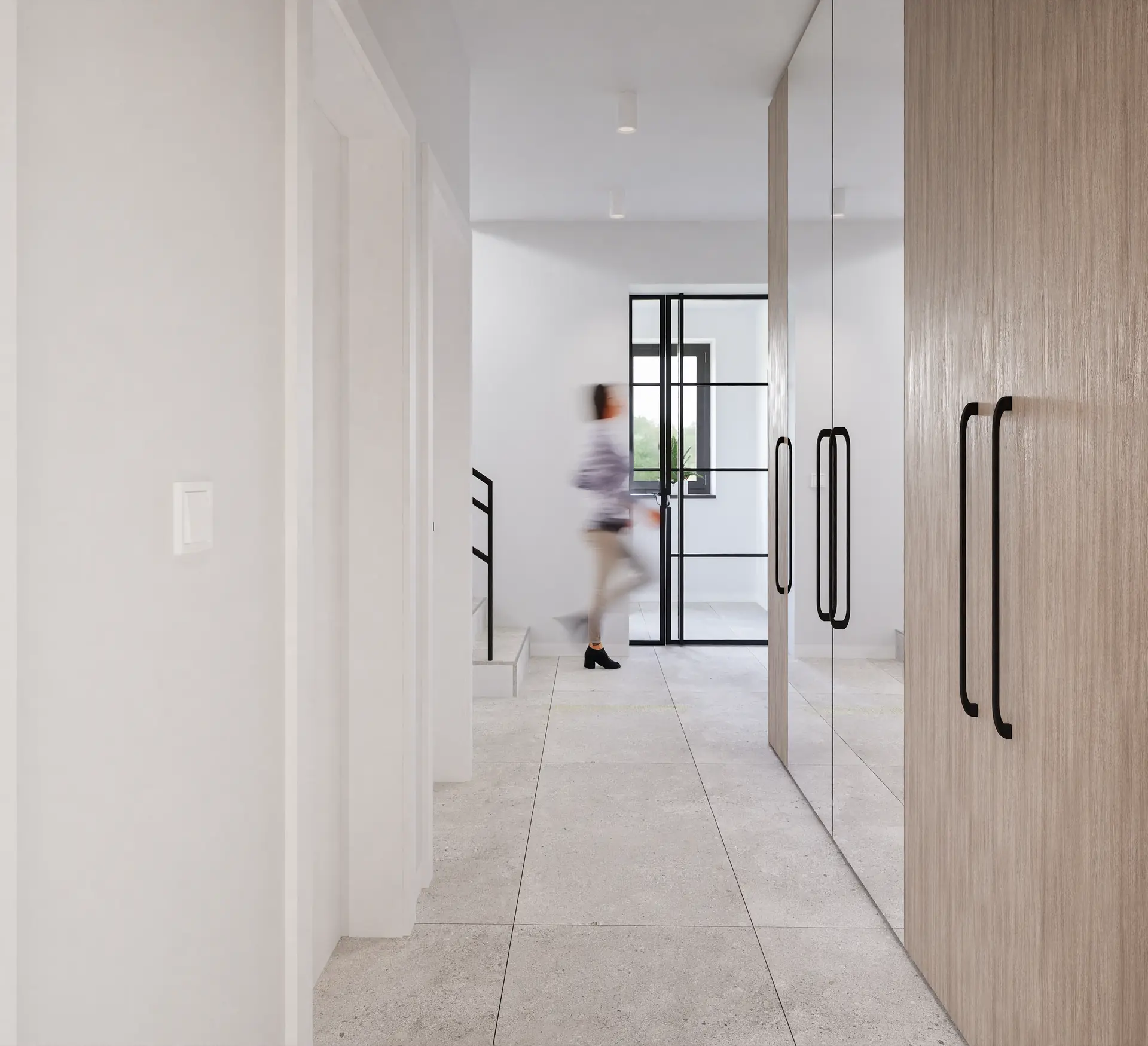 Walk-in shower and bath in a light bathroom