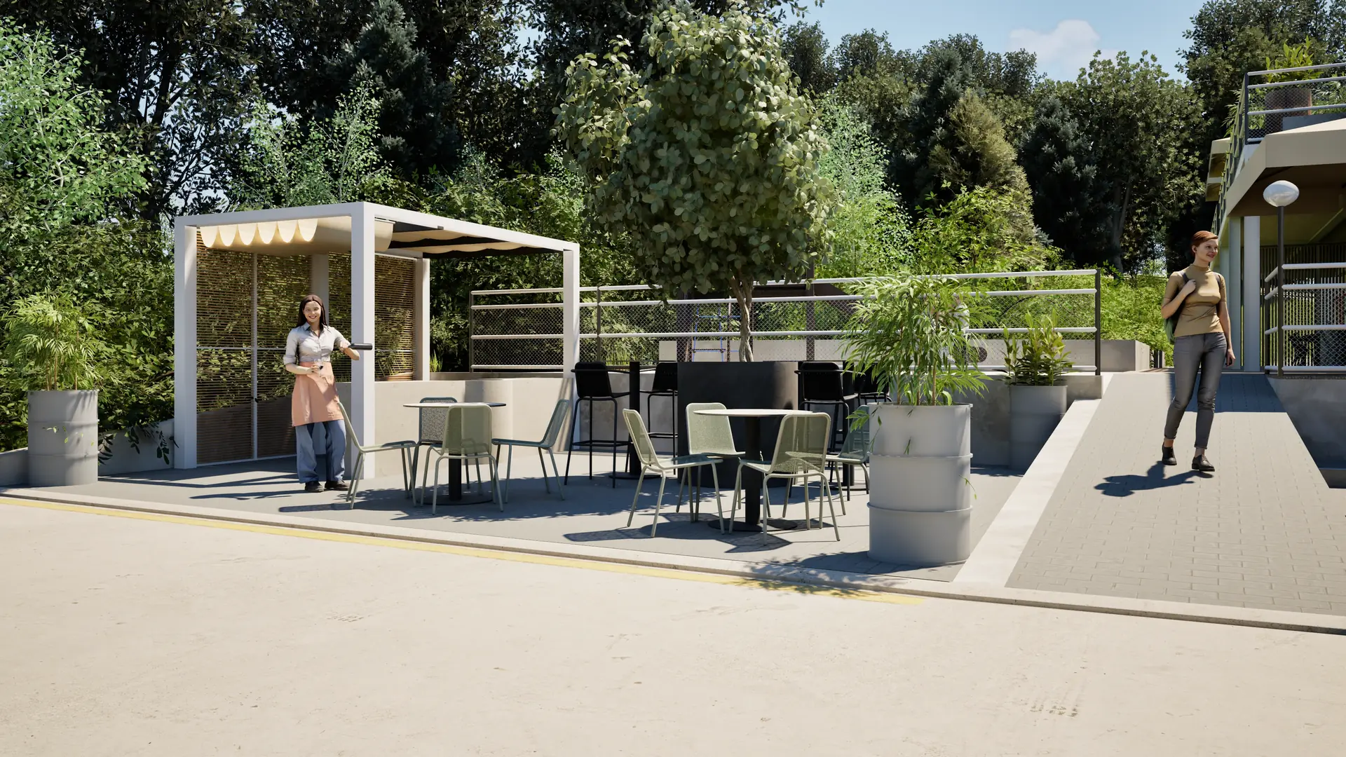 Outdoor terrace with a pergola and seating