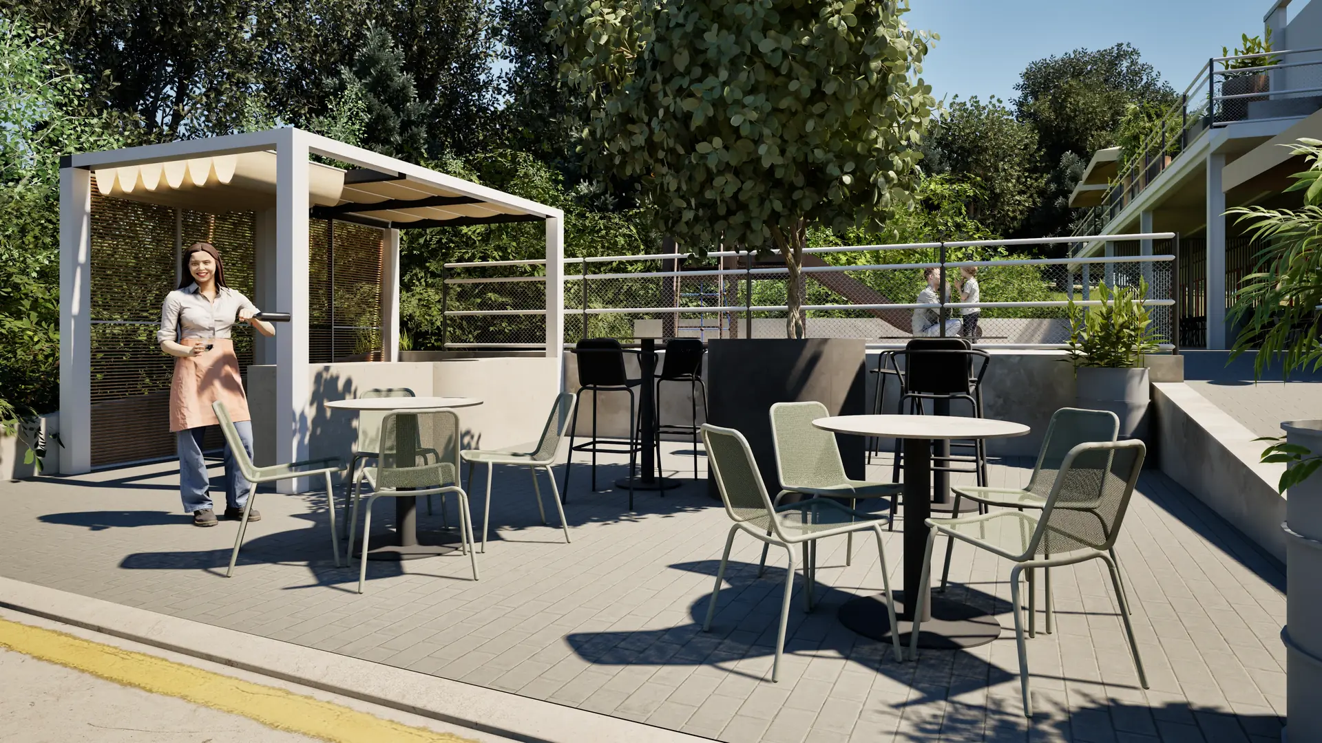 Pergola providing shade over the tables