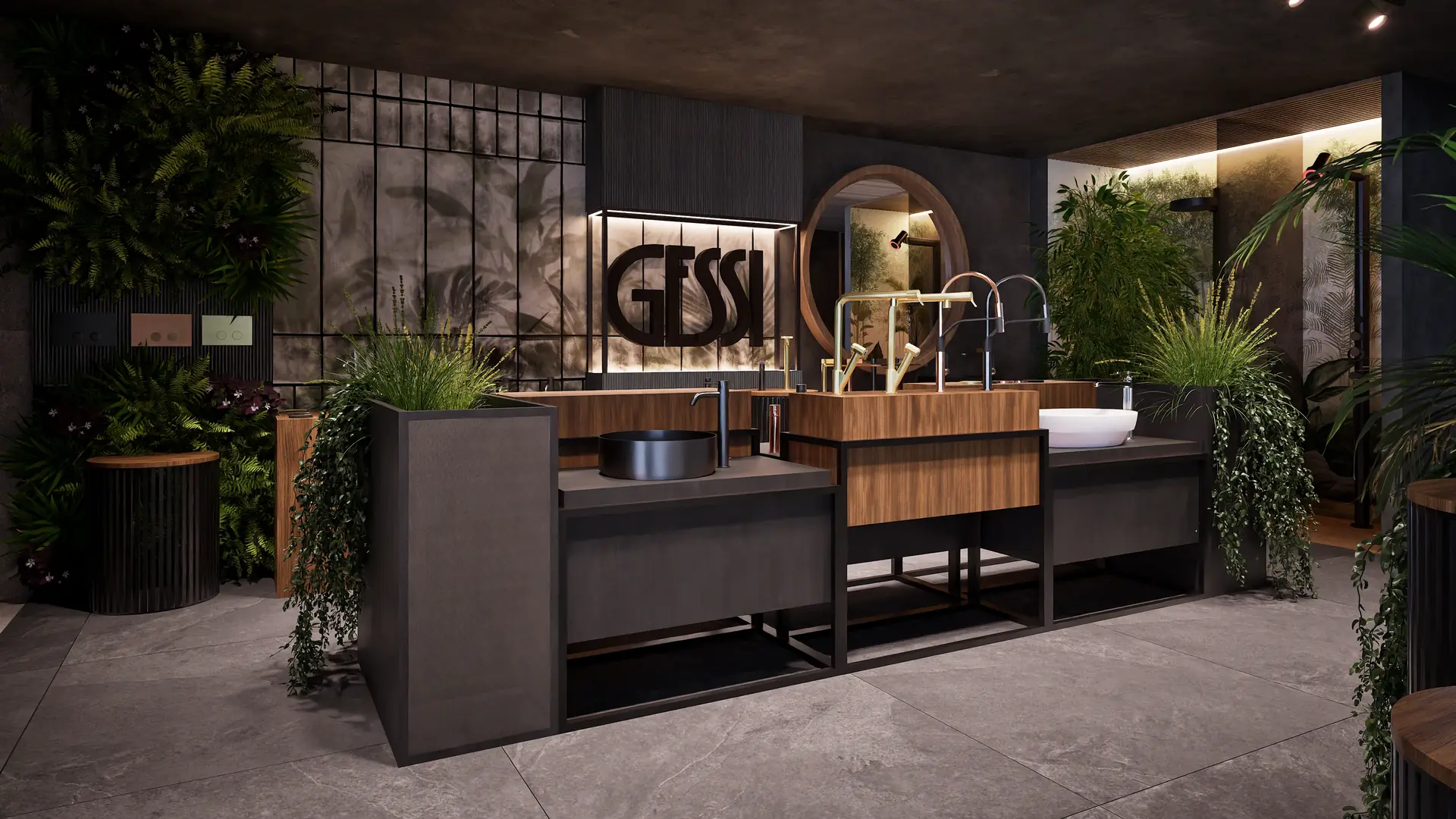 Showroom with dark stone and greenery