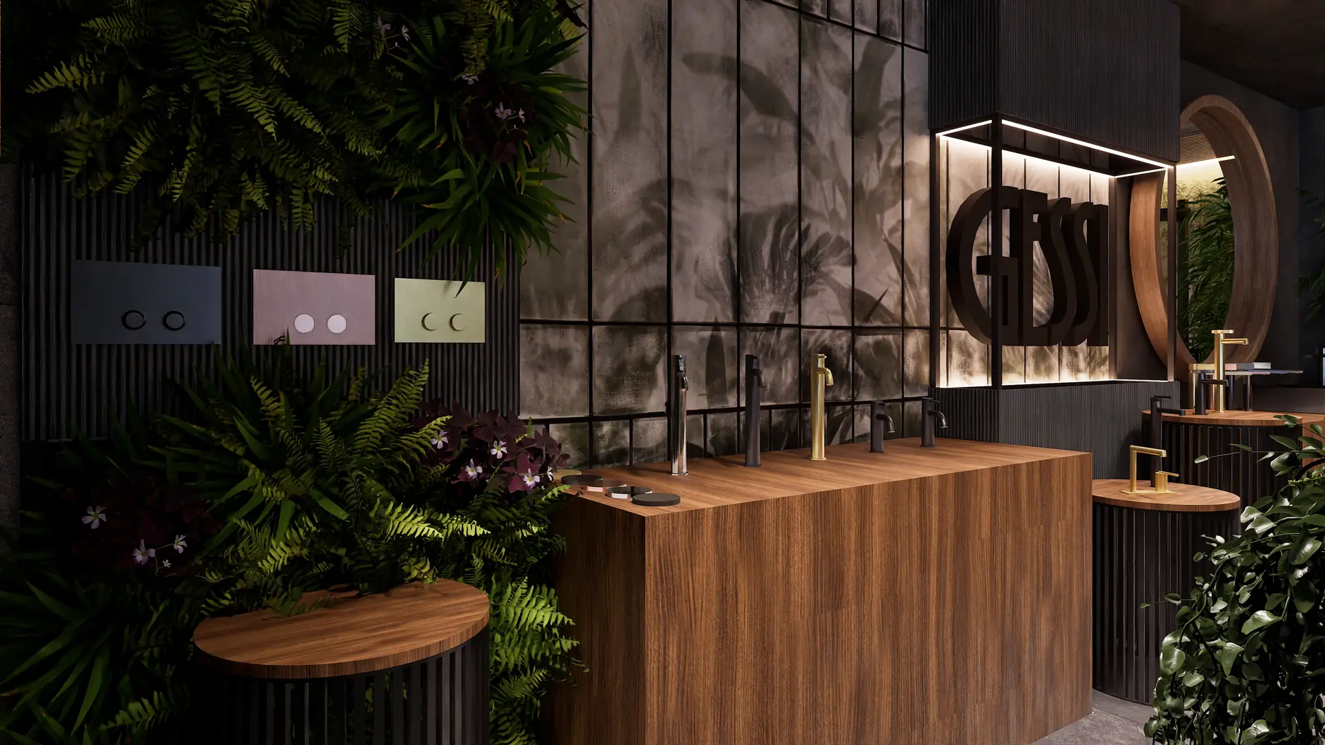 Timber display element among the plants