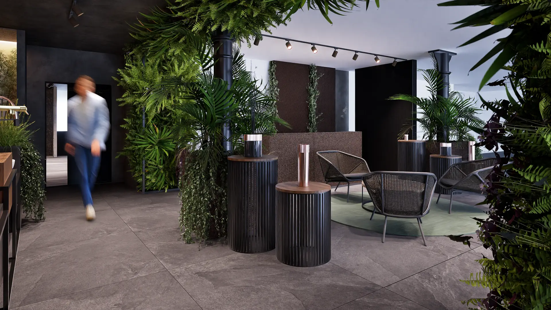 Seating in the showroom among greenery