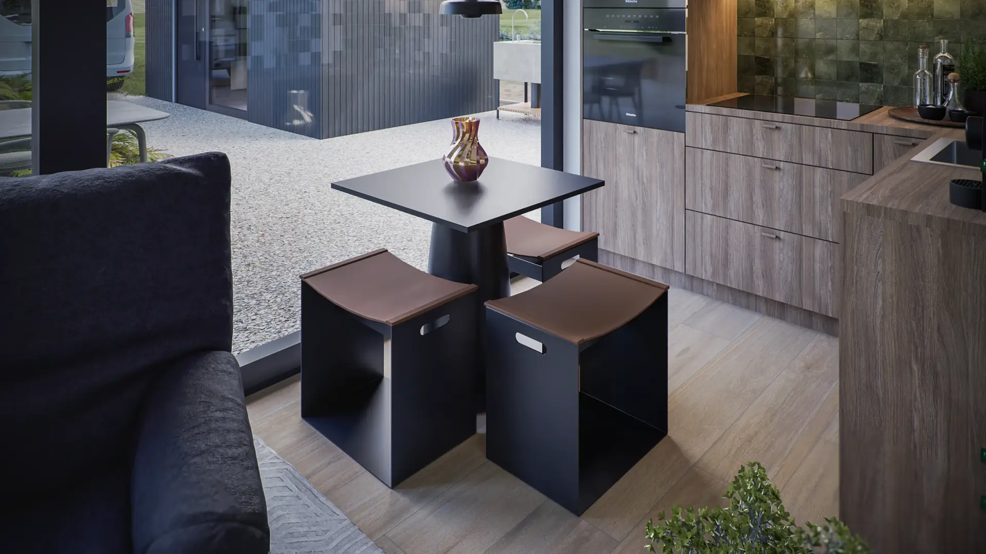 Compact interior with a kitchen and seating