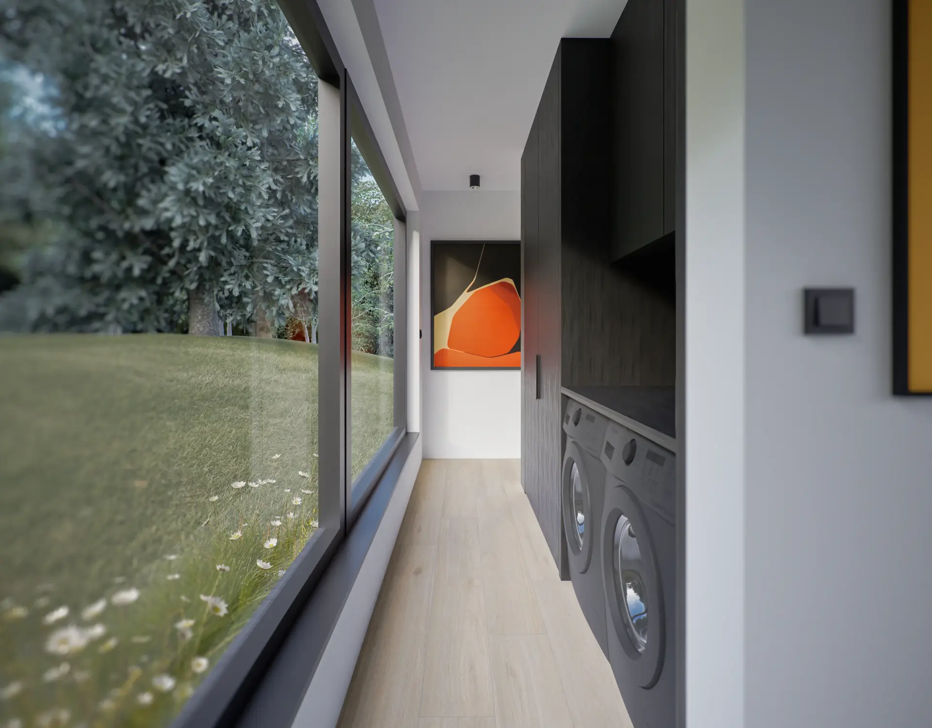 Dark container house in greenery