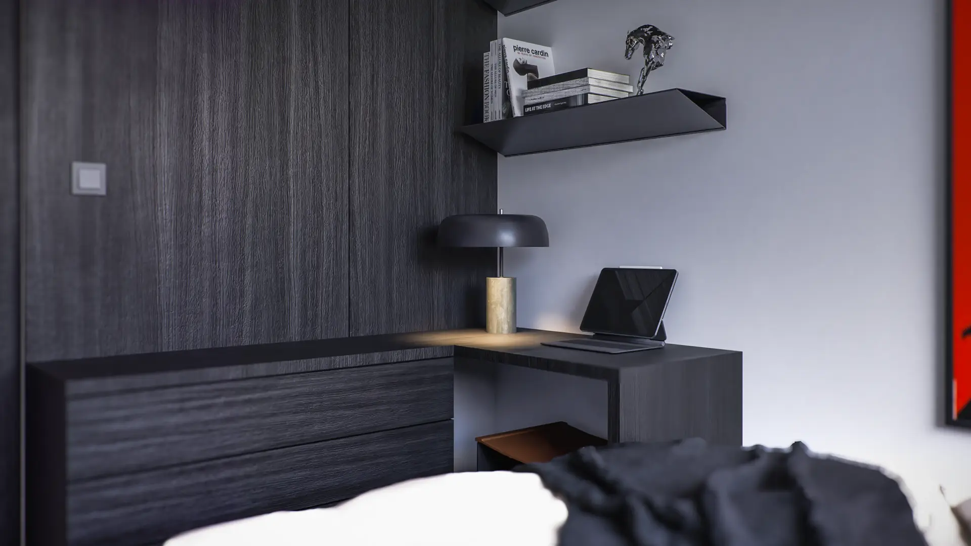 Kitchen with timber and dark surfaces