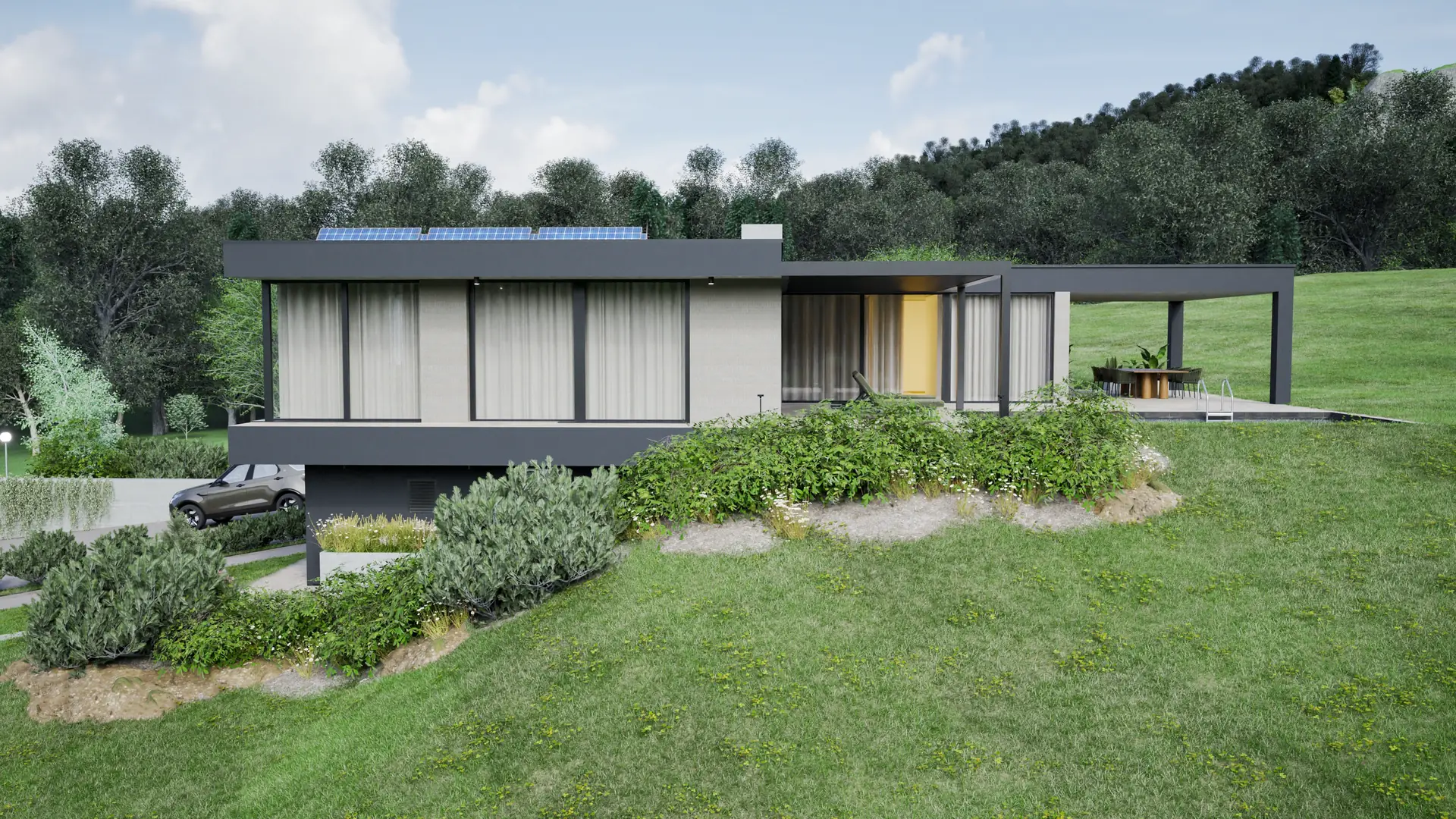 Dark house set into the slope