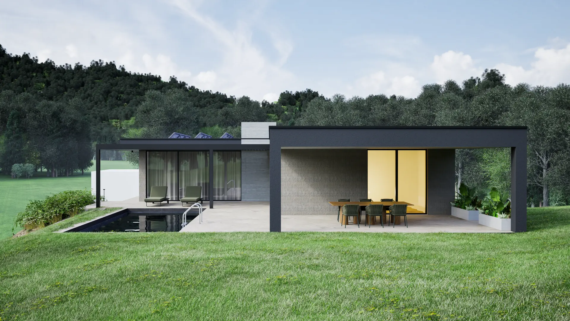 Covered terrace with a pool