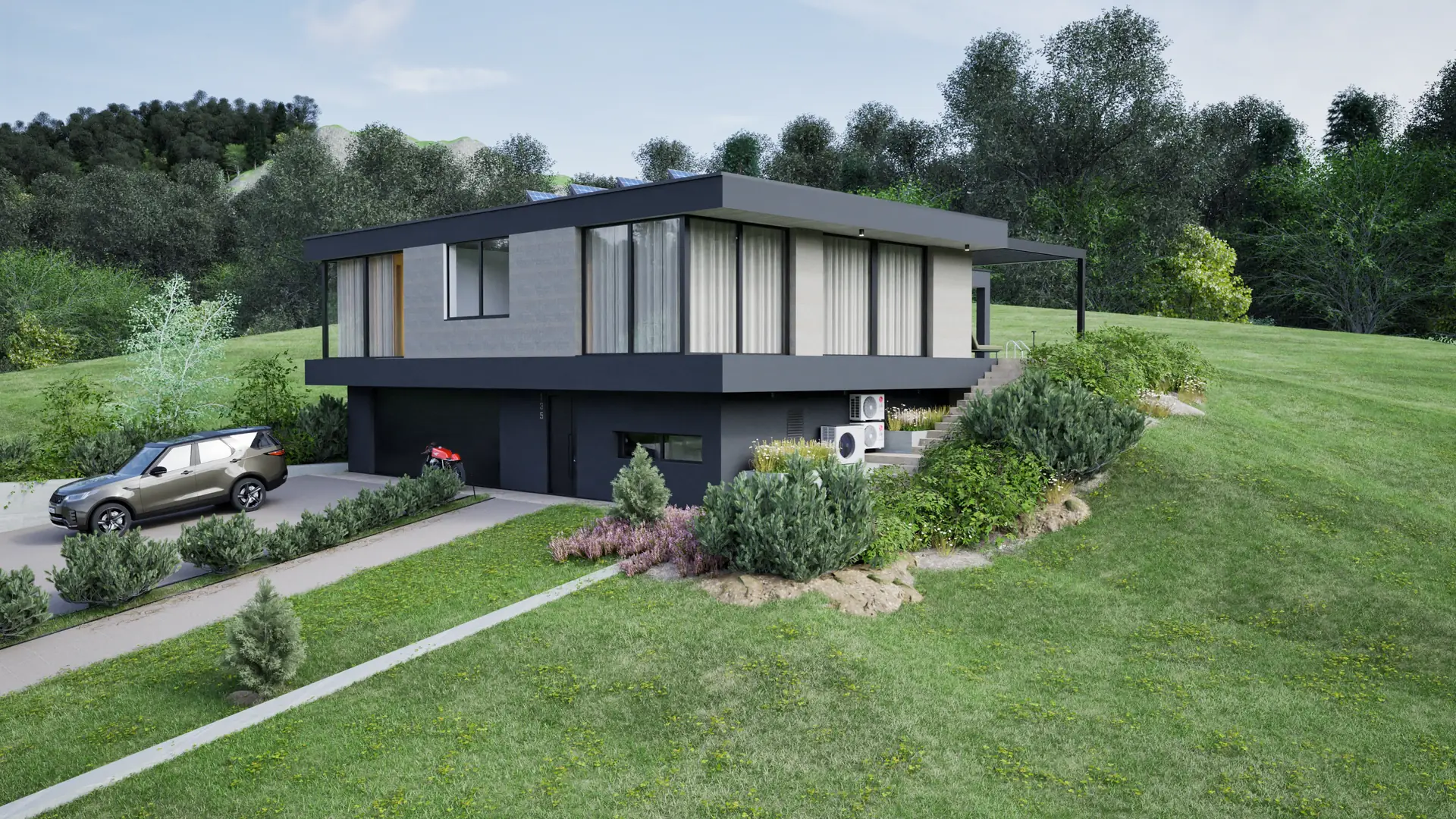 The horizontal volume of the house in greenery