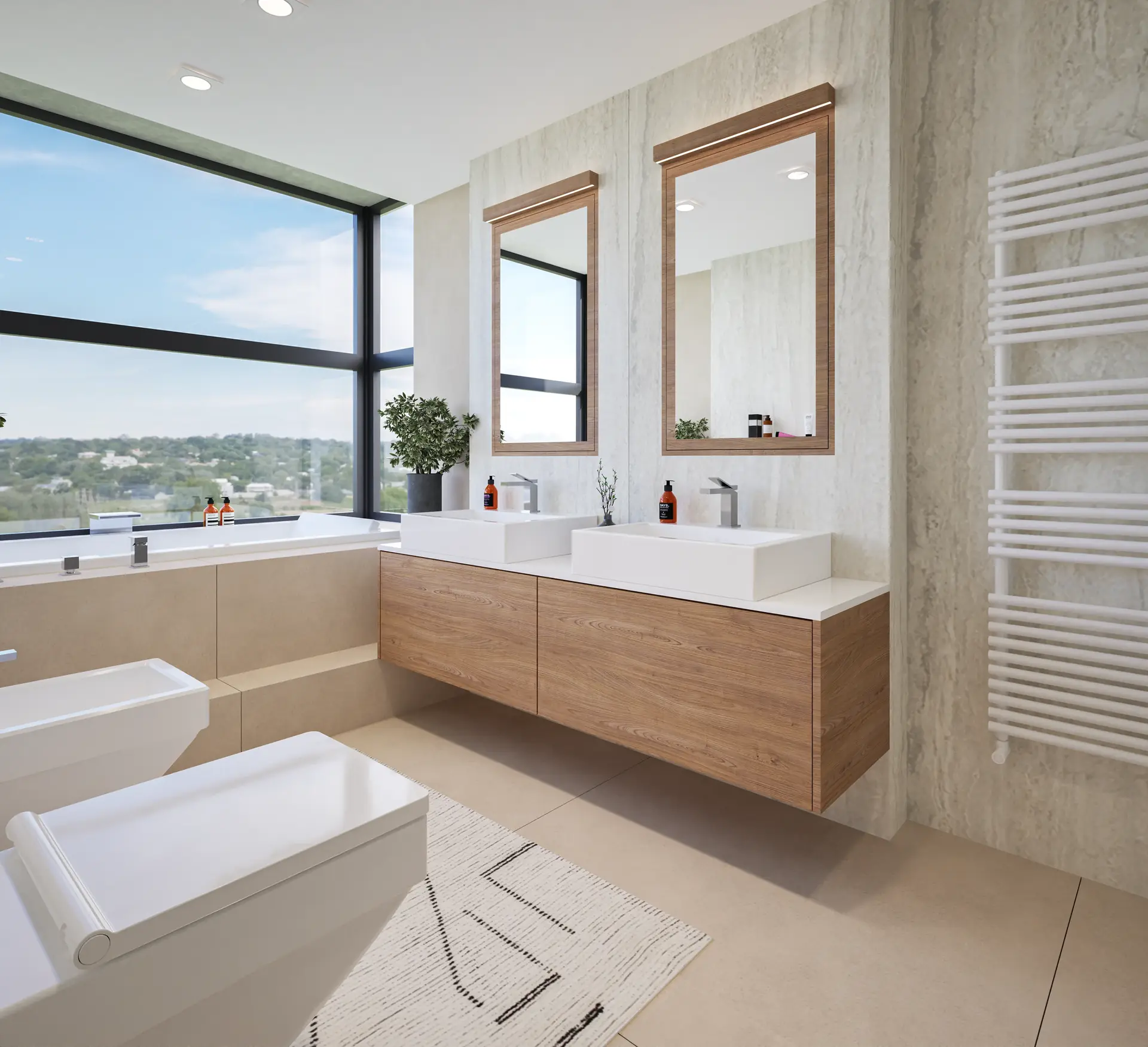Bathroom with travertine and timber-framed mirrors