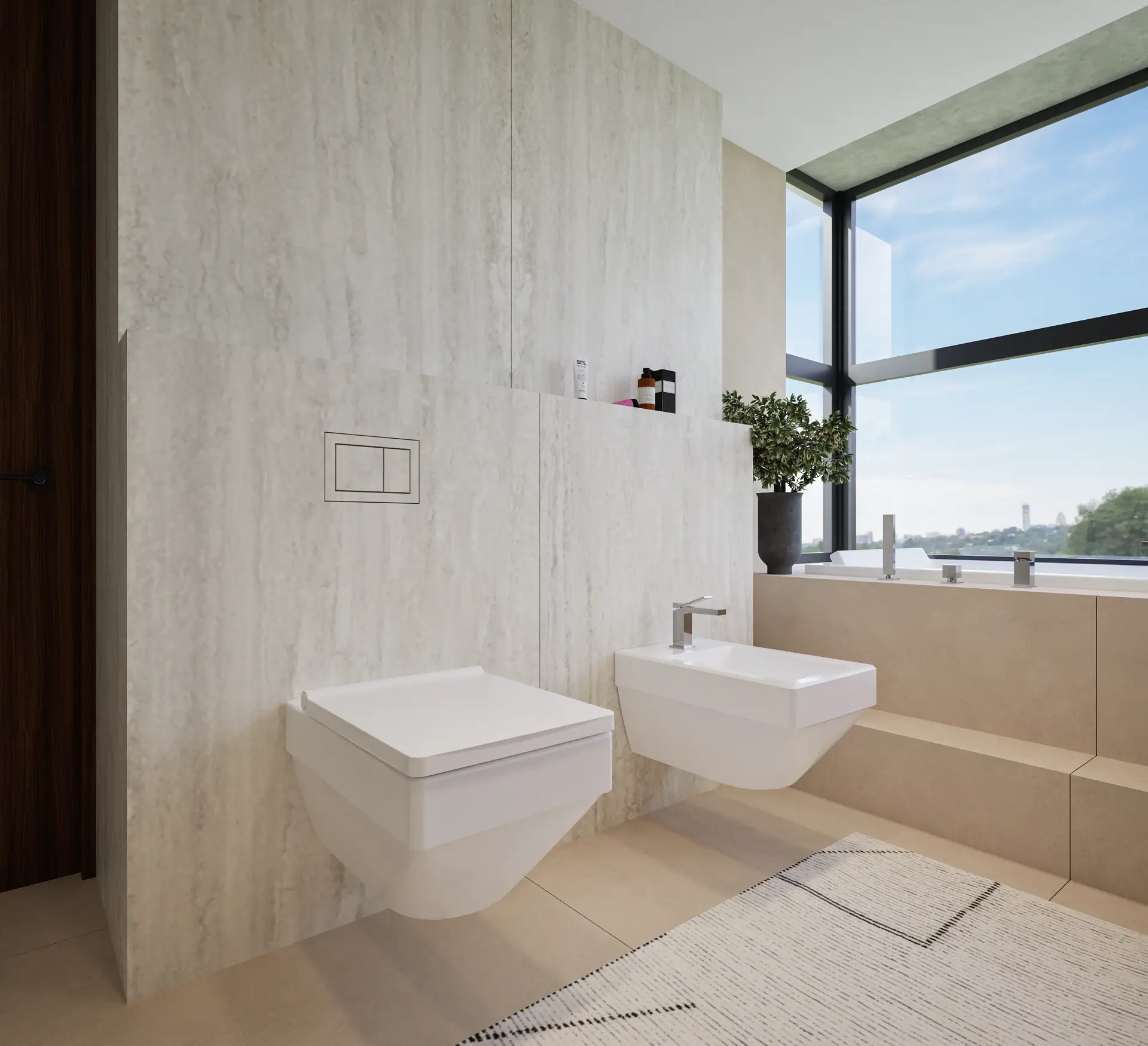 Freestanding bath by a stone wall