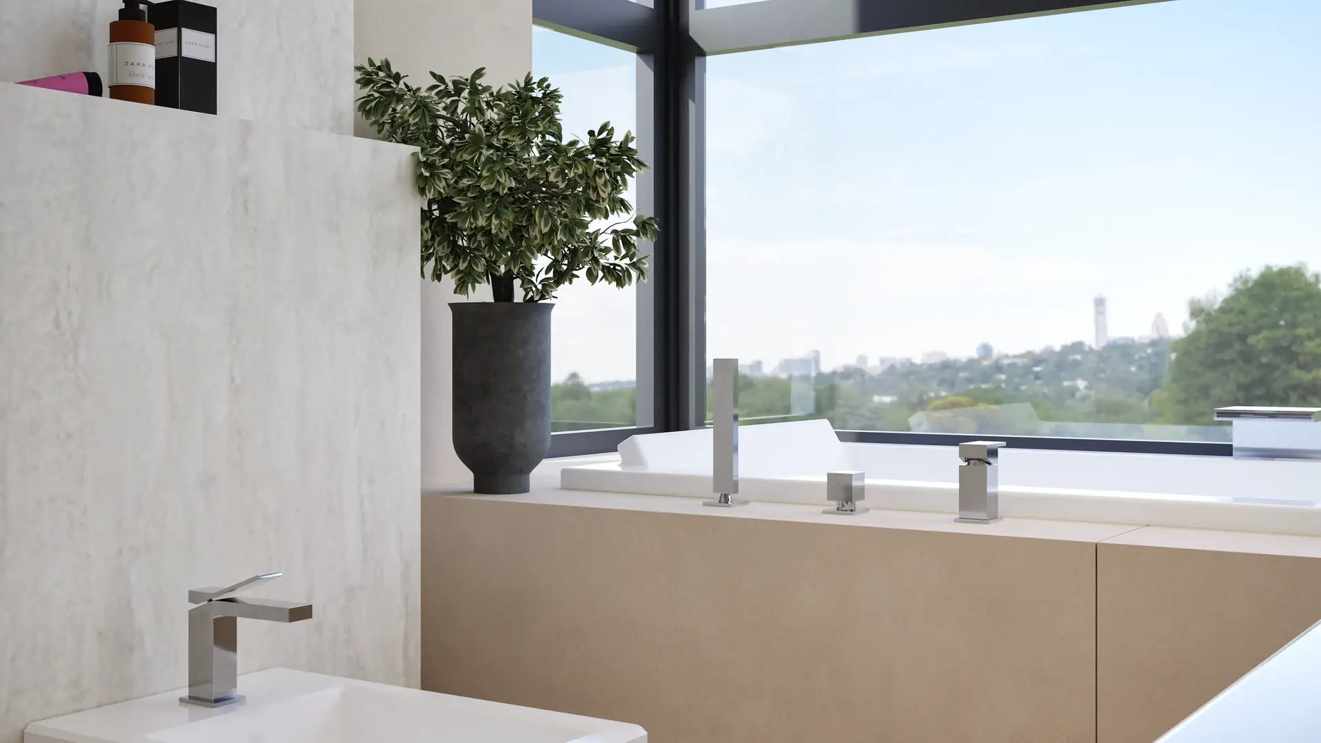 Timber-framed mirror above the basin