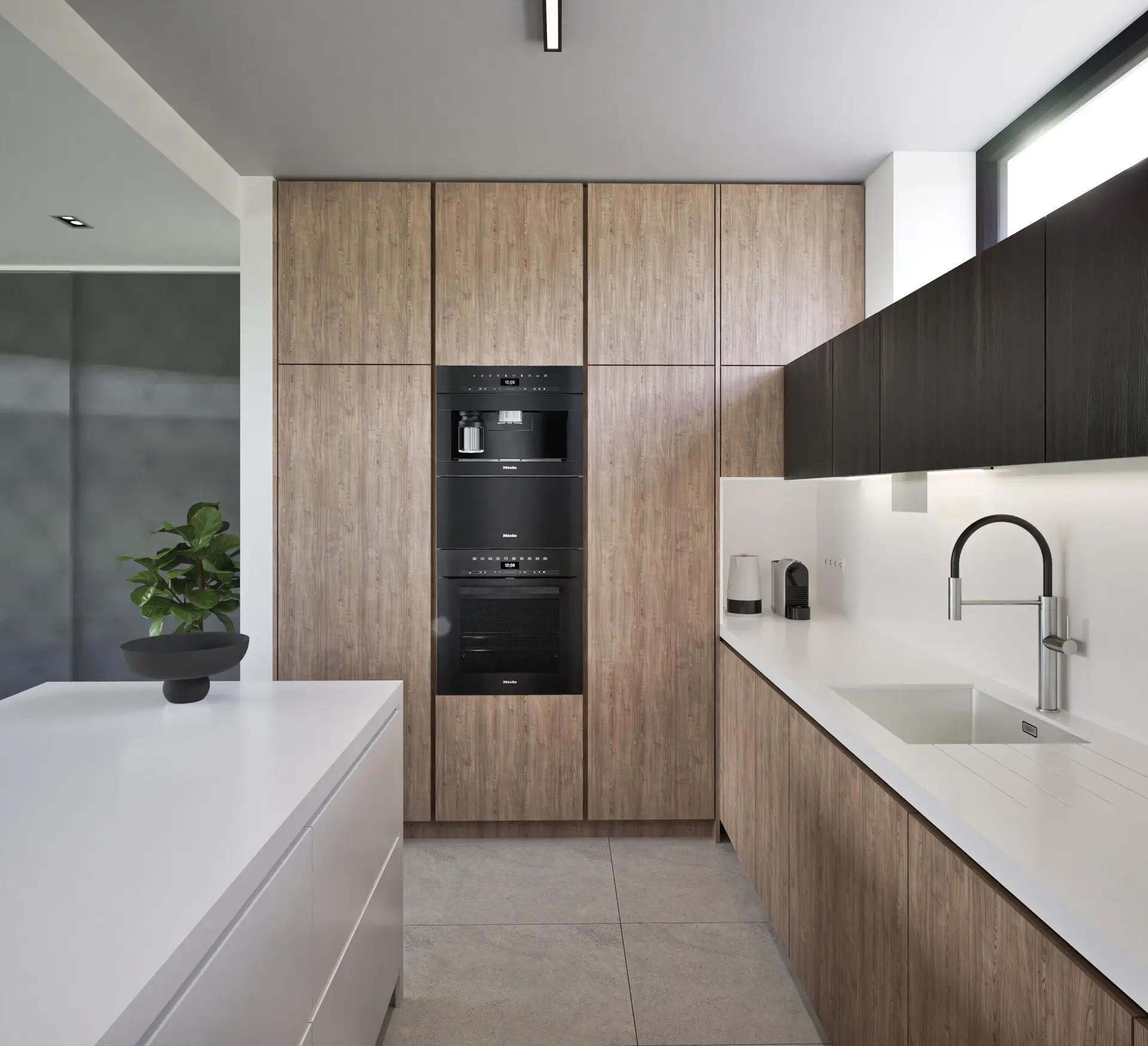 Kitchen island by a large window